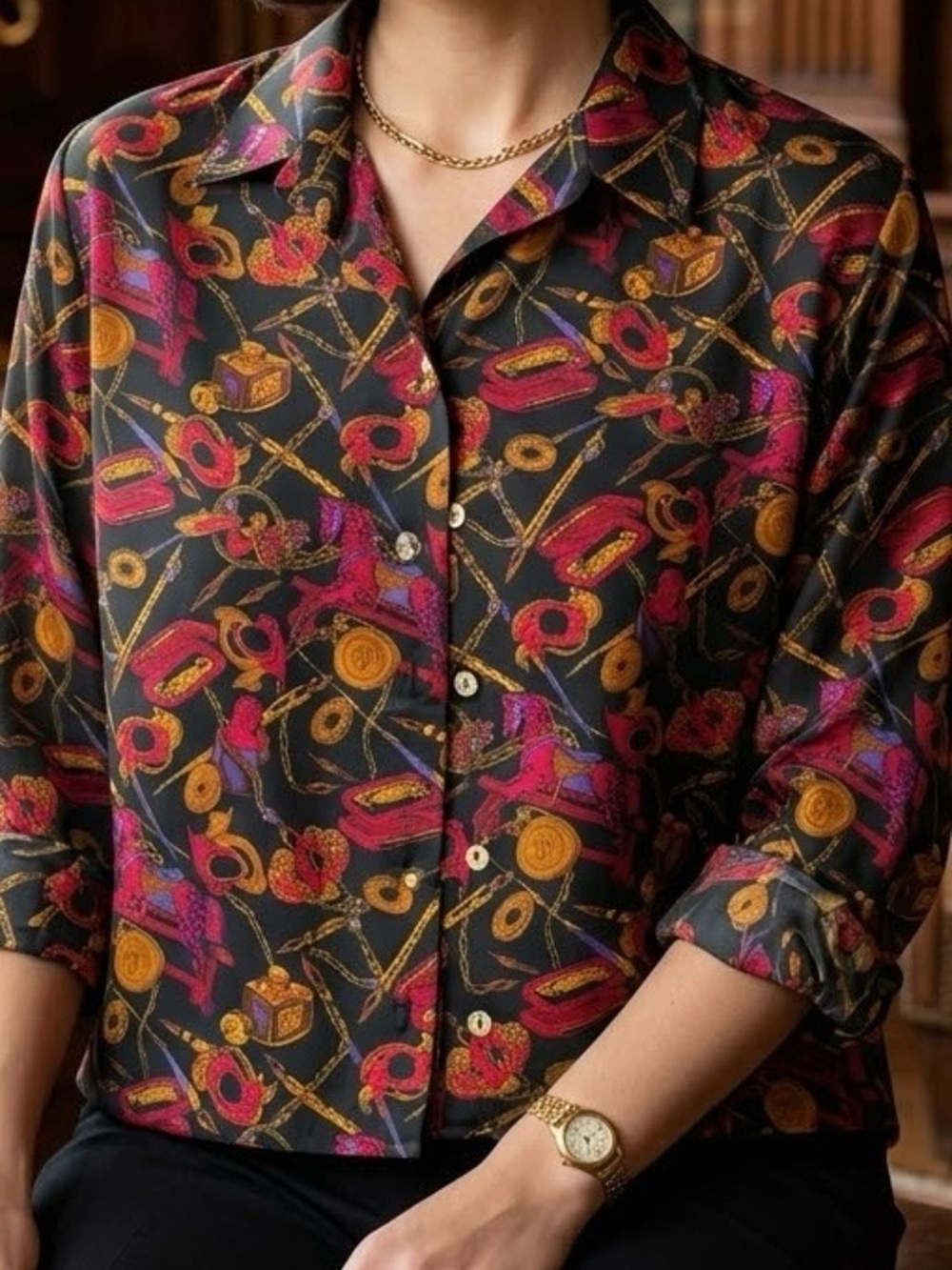 Petite Express Equestrian Horse & Gold Chain Print Blouse Old Money Luxury Chic